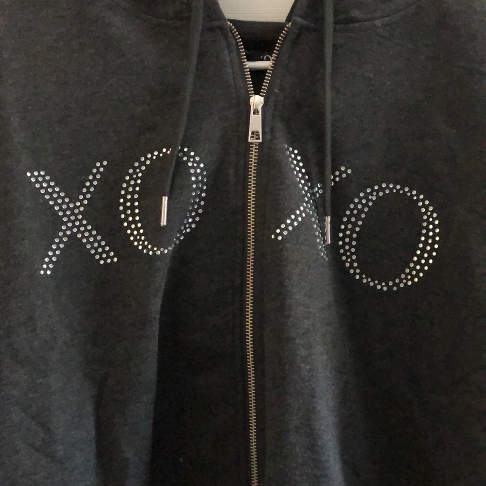 NWT XOXO Dark Grey Embellished Hooded Sweatshirt. - Picture 2 of 8